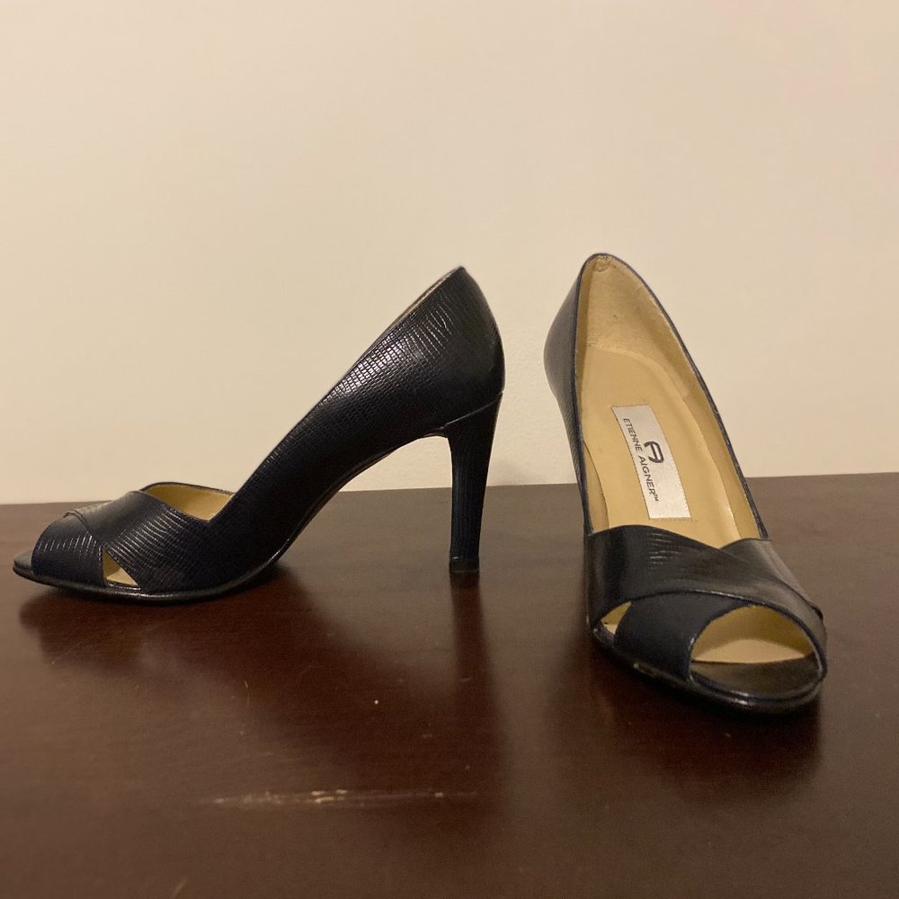 Etienne Aigner Leather Peep Toe Heels Sz 7W
